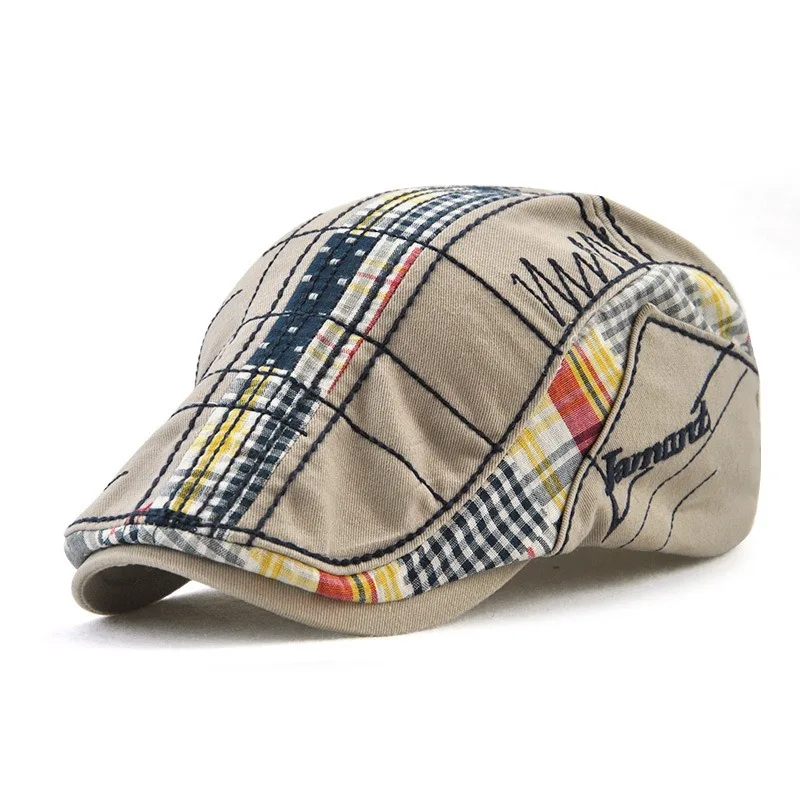 Europ American Leisure Forward Hat Men Irregular Embroidered Beret Plaid Spliced Baseball Cap Male Spring Autumn Sunshade Women