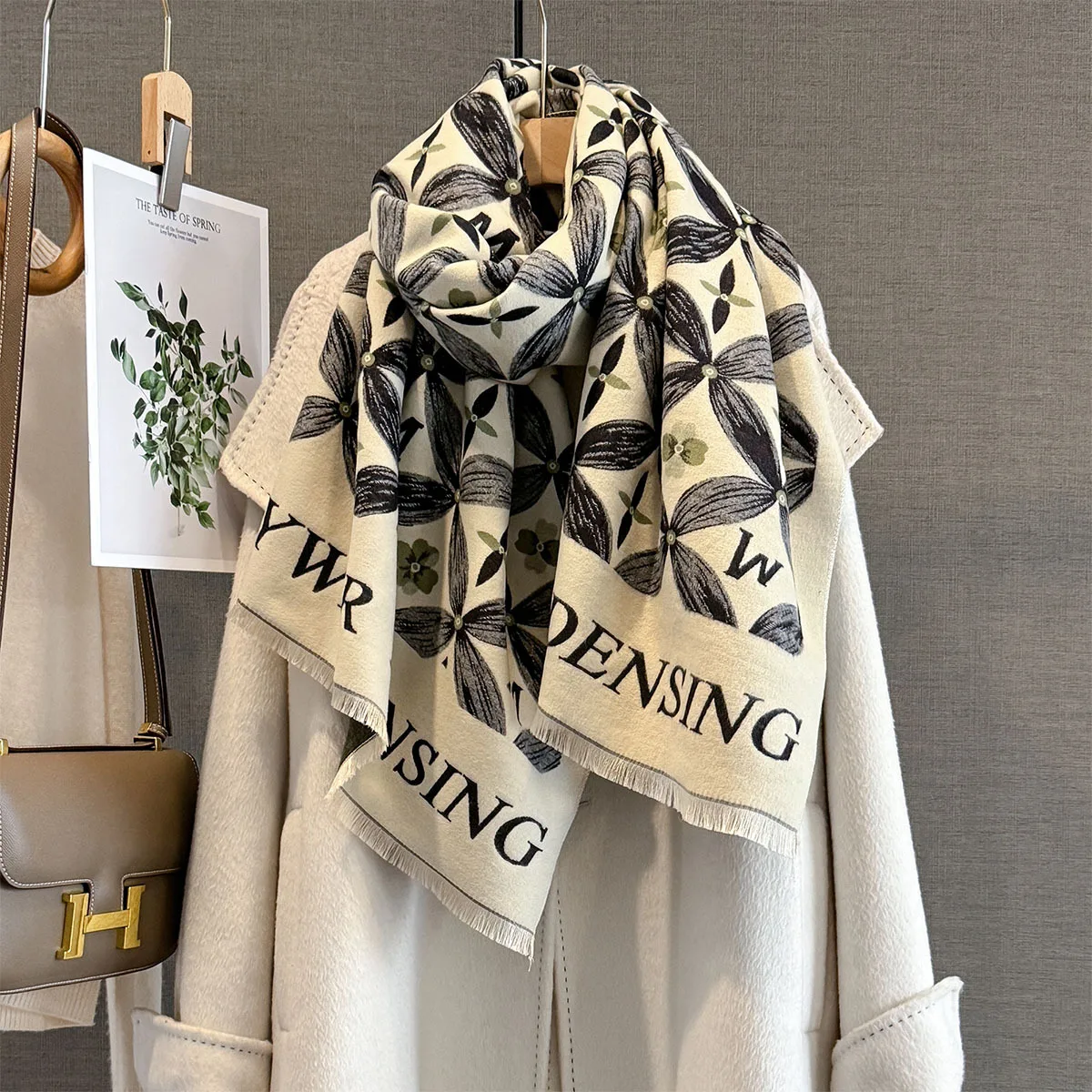 

Зимний модный теплый длинный шарф для женщин, шаль из пашмины с геометрическим принтом и буквами, элегантное одеяло из искусственного кашемира