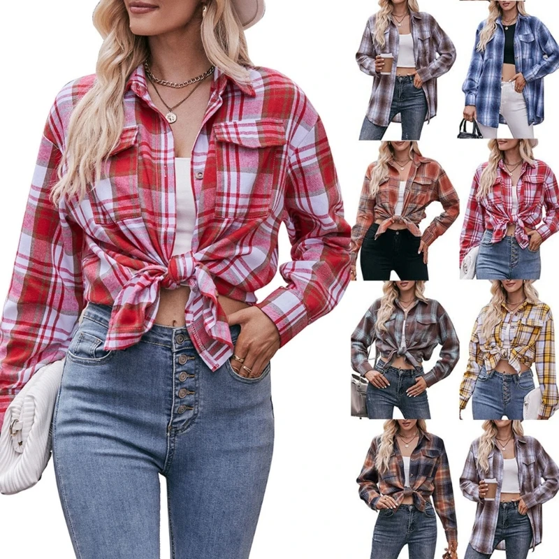 Womens Casual Long Sleeve Boyfriend Button Down Plaids Flannel Shirt Blouse Tops