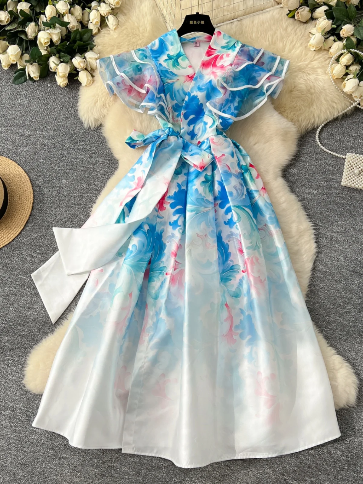 Faionable V-Ausschnitt Plissee Svel Schlankheitsdruck Maxirock Dr Court Sle Damen Hohe Taille A-Linie Dr Koreanische Version