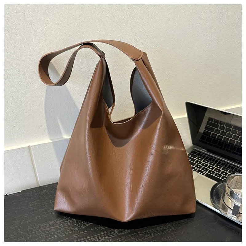 Vintage Women Bag Large Capacity PU Leather Handbag Single Shoulder Bag Solid Color Simple Casual Commuter Bag Retro Handbags