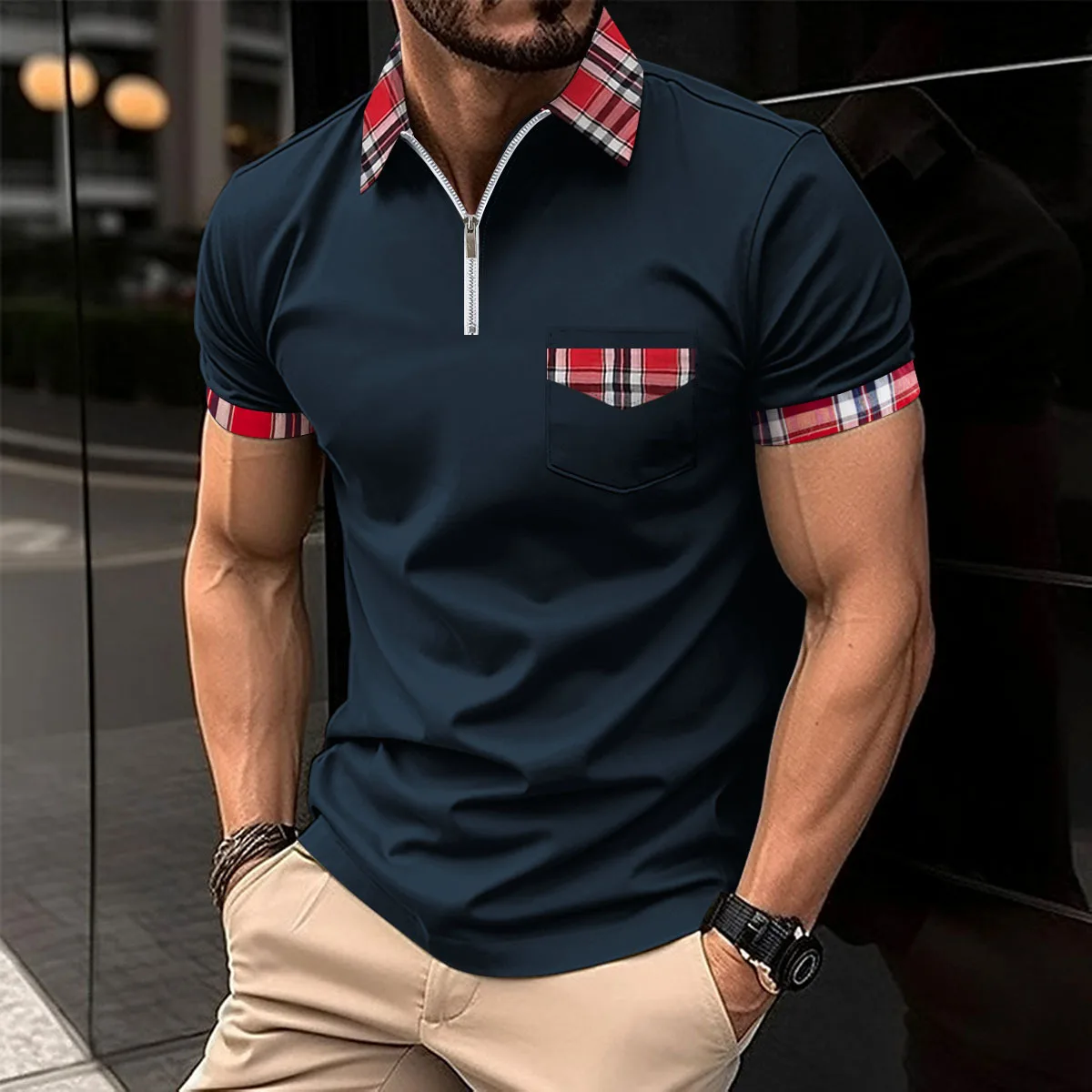 Cross-border 2024 Summer Men\'s checked POLO Shirt Stylish casual zipper pocket men\'s sports polo shirt