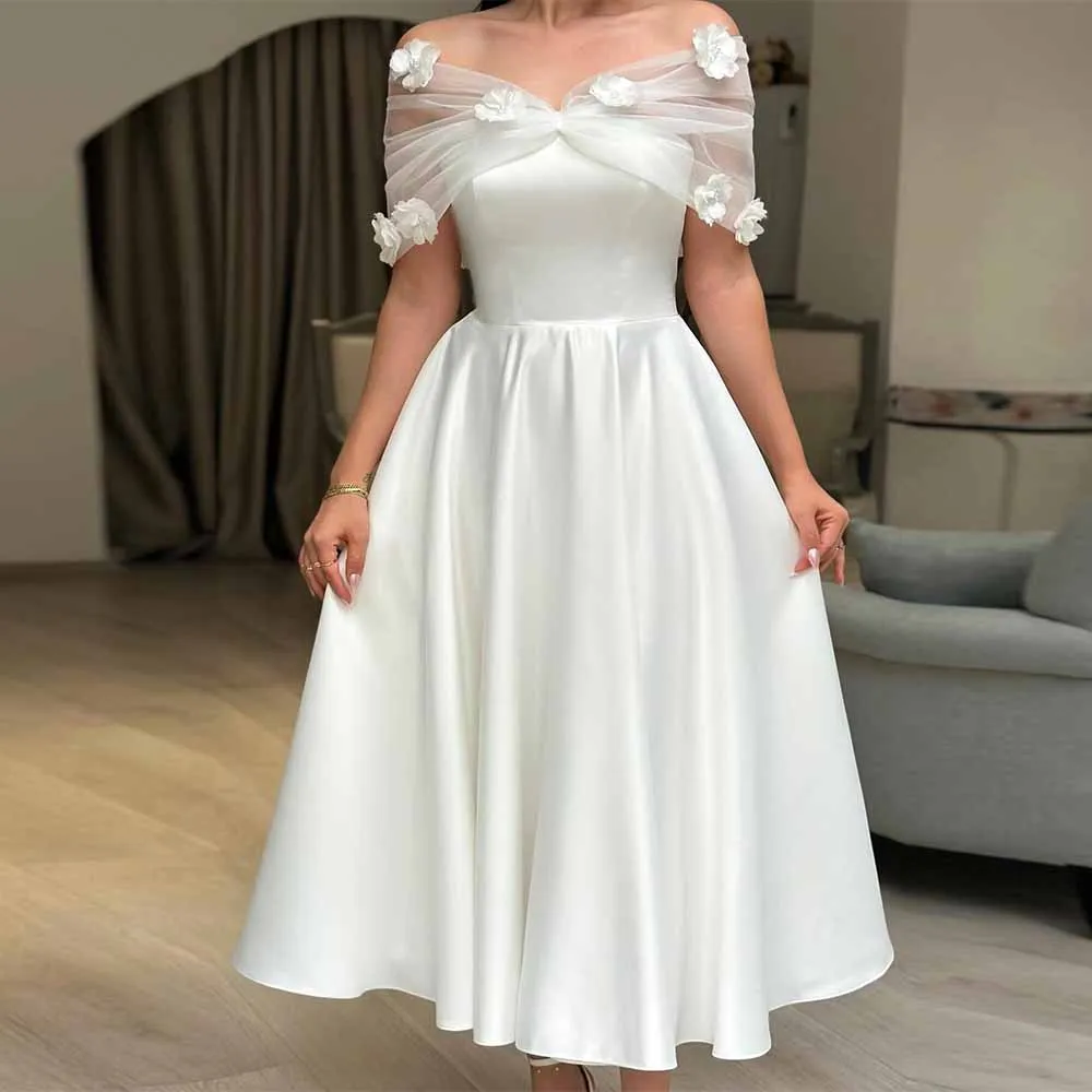 

Romantic Midi Wedding Dresses Satin A-line Wedding Party Dress White Off-the-shoulder 3D flowers Net Ruched Bridal Gown Mid 2025