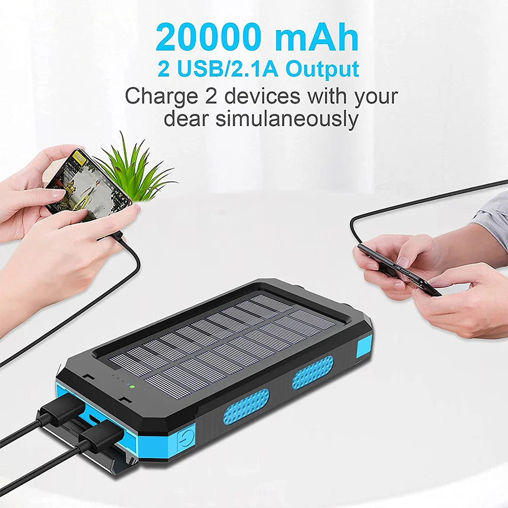 

【PUBLICITY】Солнечный портативный внешний аккумулятор на 20000 мАч с компасом и фонариком, USB-выход, водонепроницаемая зарядка для телефона от солнечной энергии