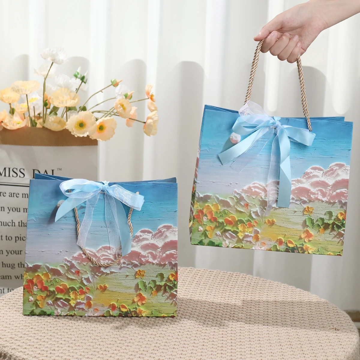 Flower Gift Pakcaging Bag 3D Cloud Oil Painting Paper Bag Valentine\'s Day Birthday Wedding Party Favor Bag Clothes Store Handbag