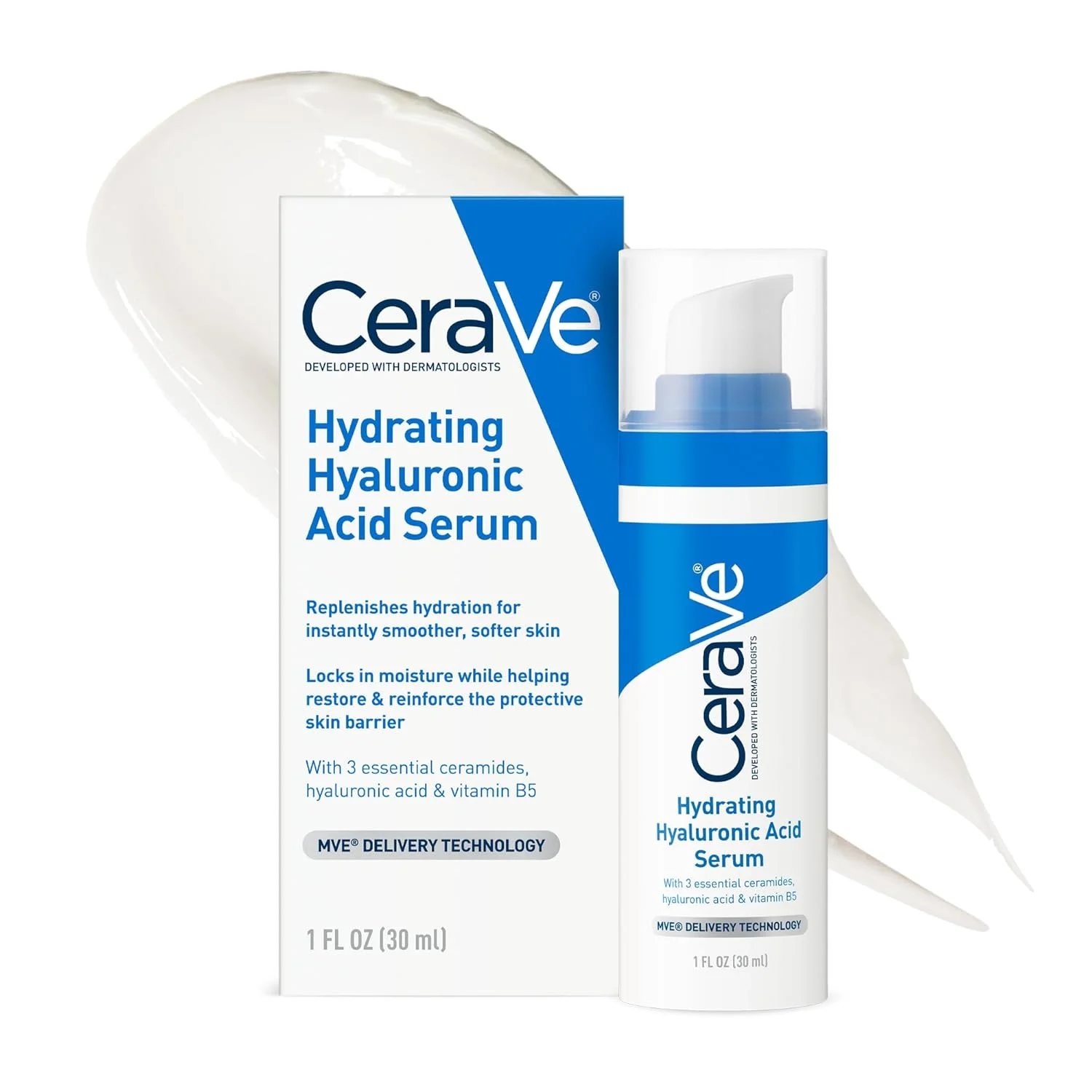 Suero Facial con Ácido Hialurónico Cerave con Vitamina B5 y Ceramidas, Suero Hidratante para Piel Seca, Sin Perfume, 1 Onza