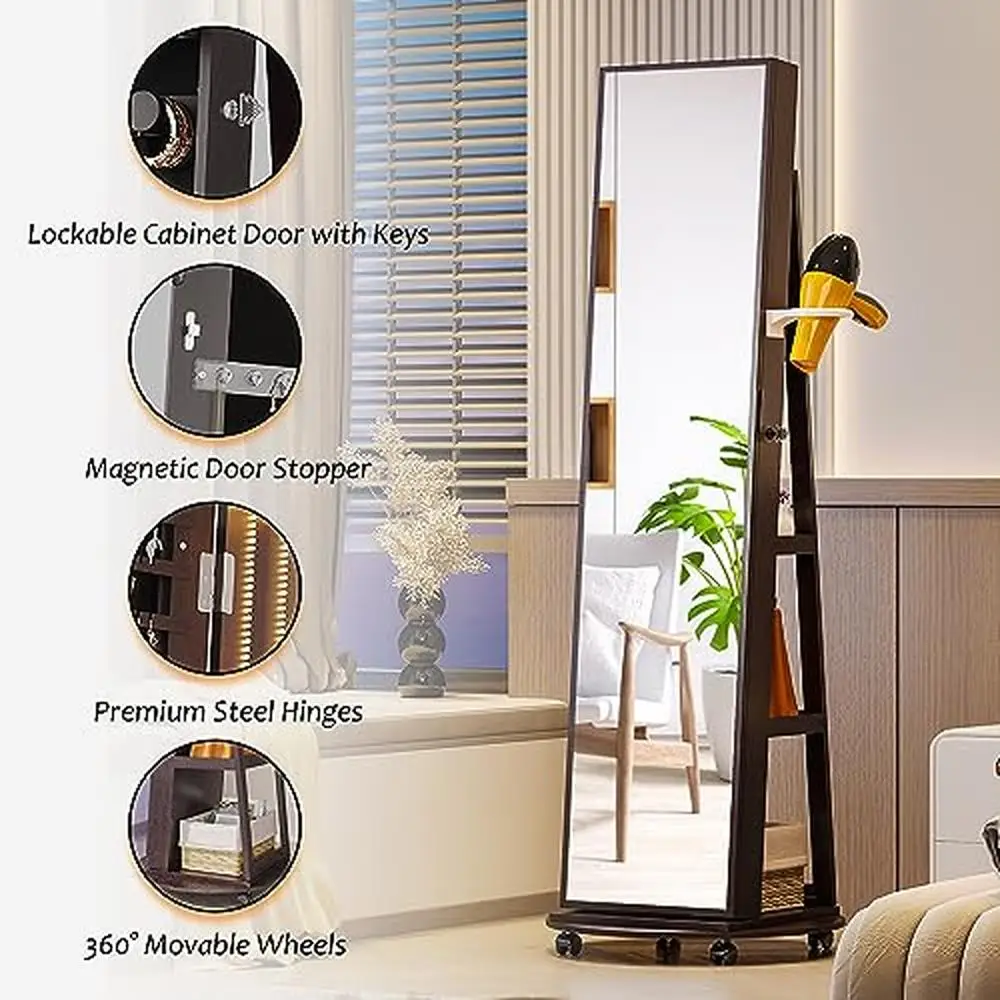 360 Degree Rotating Lockable Jewelry Cabinet Organizer with LED Lights Full Length Mirror and Makeup Tray Standing Armoire