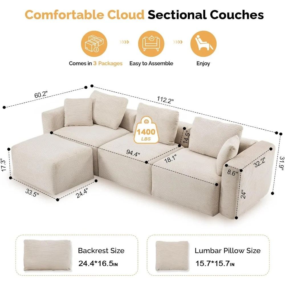 Трансформируемый вельветовый секционный диван с подвижным пуфиком, L-образный диван для гостиной, идеально подходит для удобного сидения.