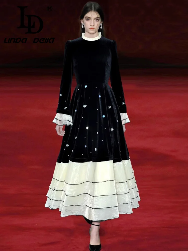 

LD LINDA DELLA Women's Elegant Party A-Line Dress White Stand collar Flare Sleeved High waist Sequins Fashion Big Swing Dresses