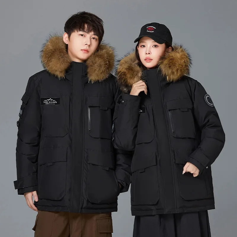 Mens Women Winter Couple Down Jackets Mens Multi Pocket Fur Collar Hooded Down Coats Outdoor Thicken Warm Windproof Ski Outwear