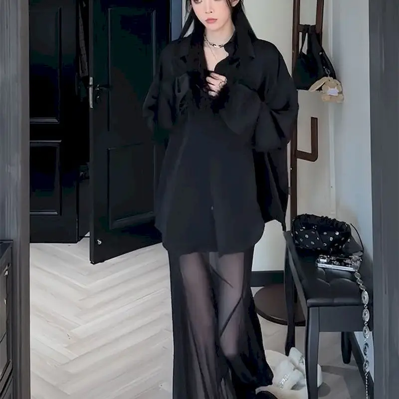 Skirt Suits Women High-grade Retro Spicy Girl Black Sets Spring Summer Trend Loose Shirt Mesh Splicing Long Skirt Two-piece Sets