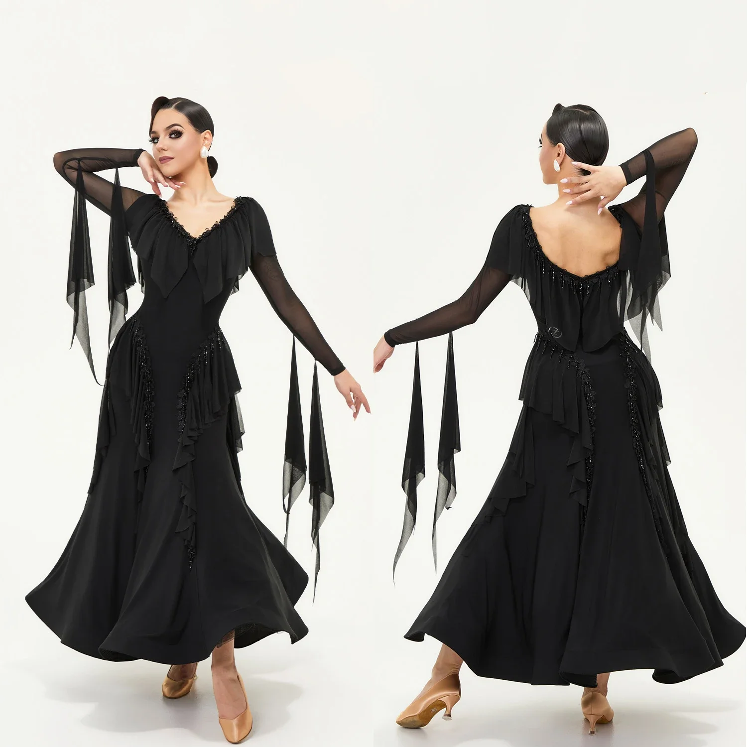 

Black Waltz Ballroom Dance Competition Dresses Women Performance Costume Long Sleeves Social Dance Dress Party Prom Wear NV24931
