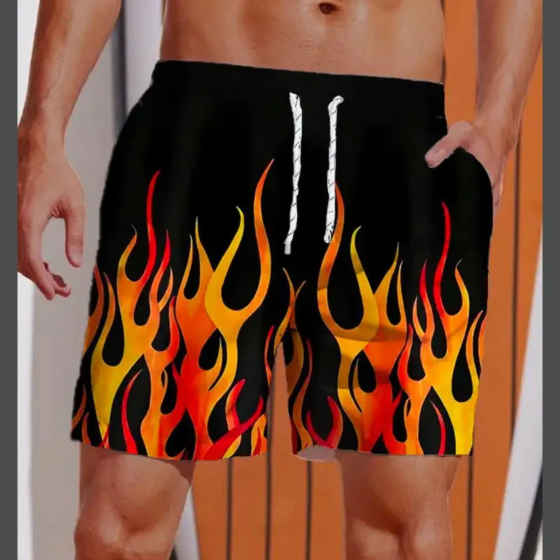 3D Printed Striped Flame Beach Shorts Men's Splicing Grid Pattern Board Shorts Summer Drawstring Breathable Hawaiian Swim Trunks
