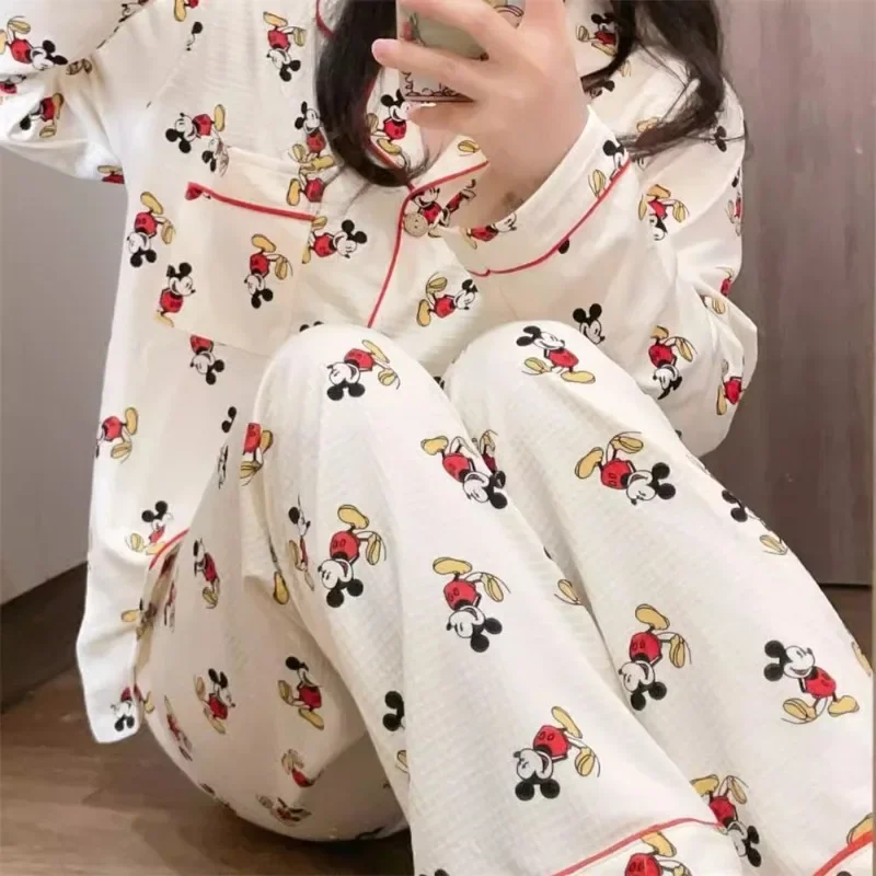 Disney Mickey female cute spring and autumn new fashion printed cartoon pattern waffle cotton casual cardigan home wear suit