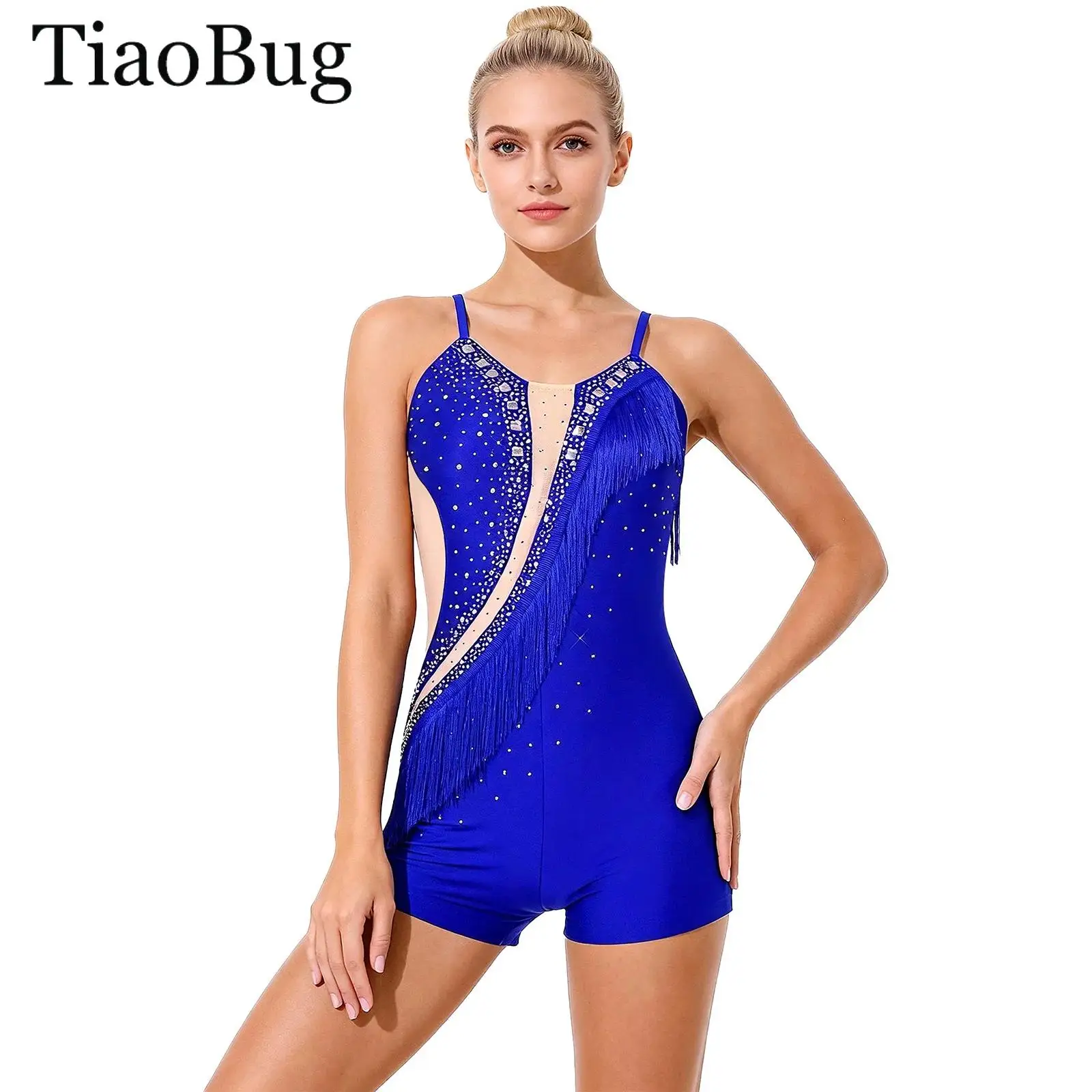 Damski strój gimnastyczny z dżetami do tańca latynoamerykańskiego, body, kombinezon do łyżwiarstwa figurowego, baletu, tanga, cha-cha, prześwitujący kombinezon z frędzlami i efektem chłopięcych nóg.