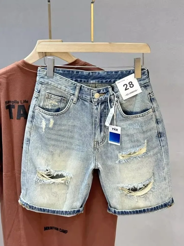Summer 2026 Men's Retro American High Street Denim Shorts Five-Point Hole Worn-look Straight Leg Mid-Waist Casual Jeans