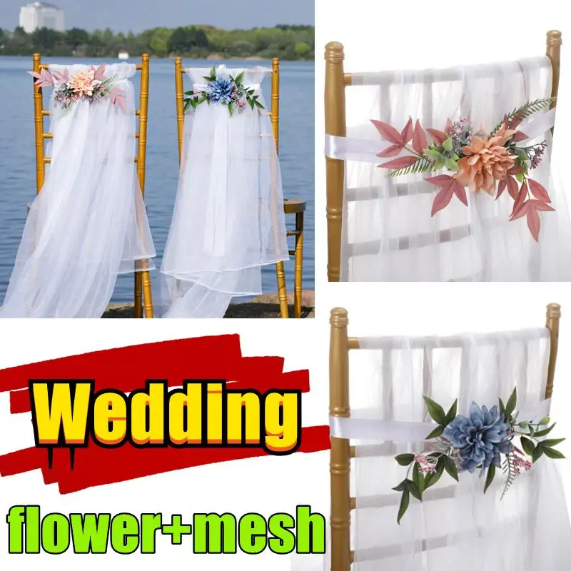 Newest Wedding Chair Flower Decoration Bouquet Artificial Flower Wedding Scene Layout Wedding Chair Back Chair Cover Mesh+Flower