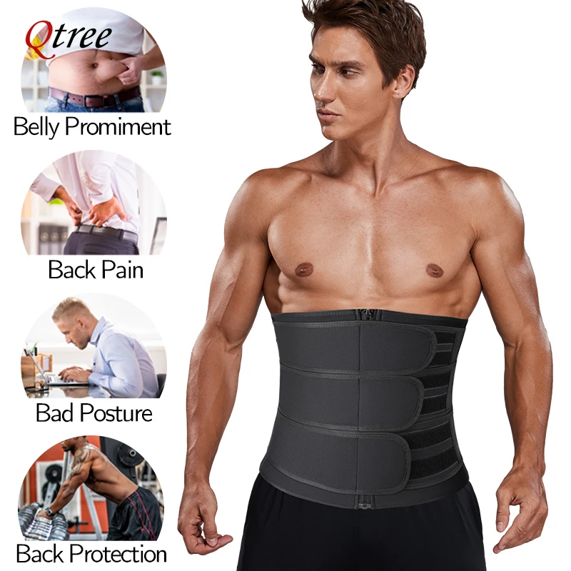 Qtree Men Body Shaper Neoprene Sauna Workout Waist Trainer Trimmer Belt for Weight Loss Sweat Belly Slimming Fitness Shapewear