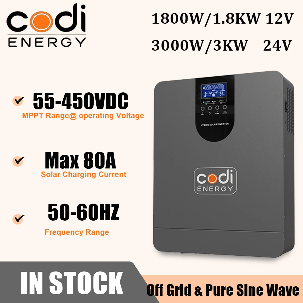 

CODI Hybrid Solar Inverter 12V 220V 230V 1800W 2200VA Pure Sine Wave MPPT 80A 450VDC Off Grid Solar Controller 1.8KW Inverter