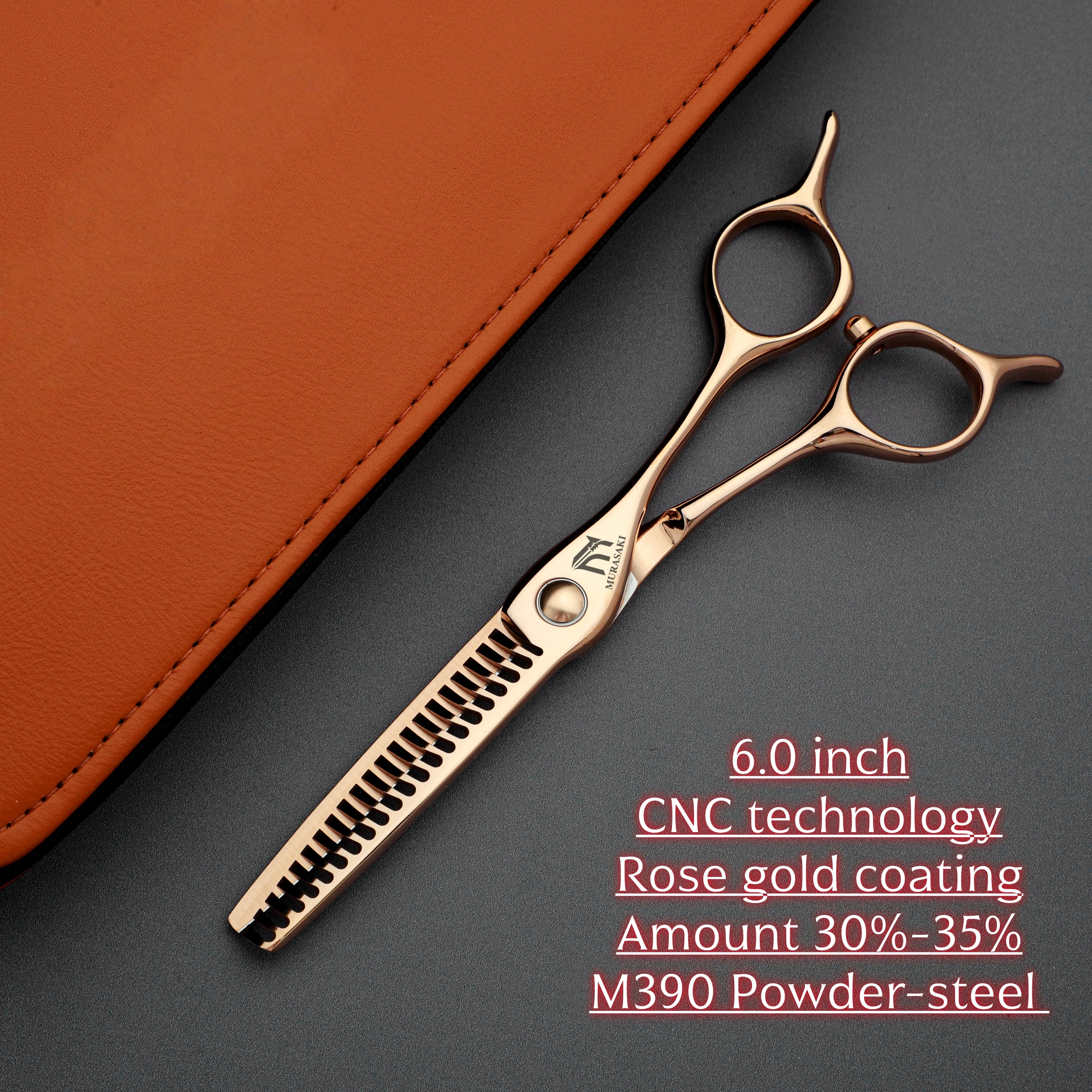MURASAKI Professional CNC Hairdressing Scissors, 6.0 Inch Rose Gold Coating Thinning Shears, Made by Top-level M390 Powder Steel