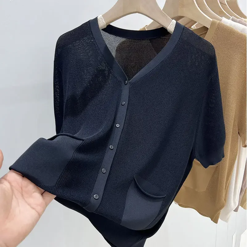 Korean Loose Pullover V-neck Ice Silk Short Sleeve T-shirt Women Solid Patchwork Screw Thread Fake Cardigan Pocket Knit Top N791