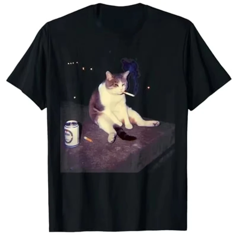 

Summer Smoking Cat Meme T-Shirt Men Women Funny Cigarette Kitten Graphic Cotton Casual Y2K Humor Trendy Streetwear