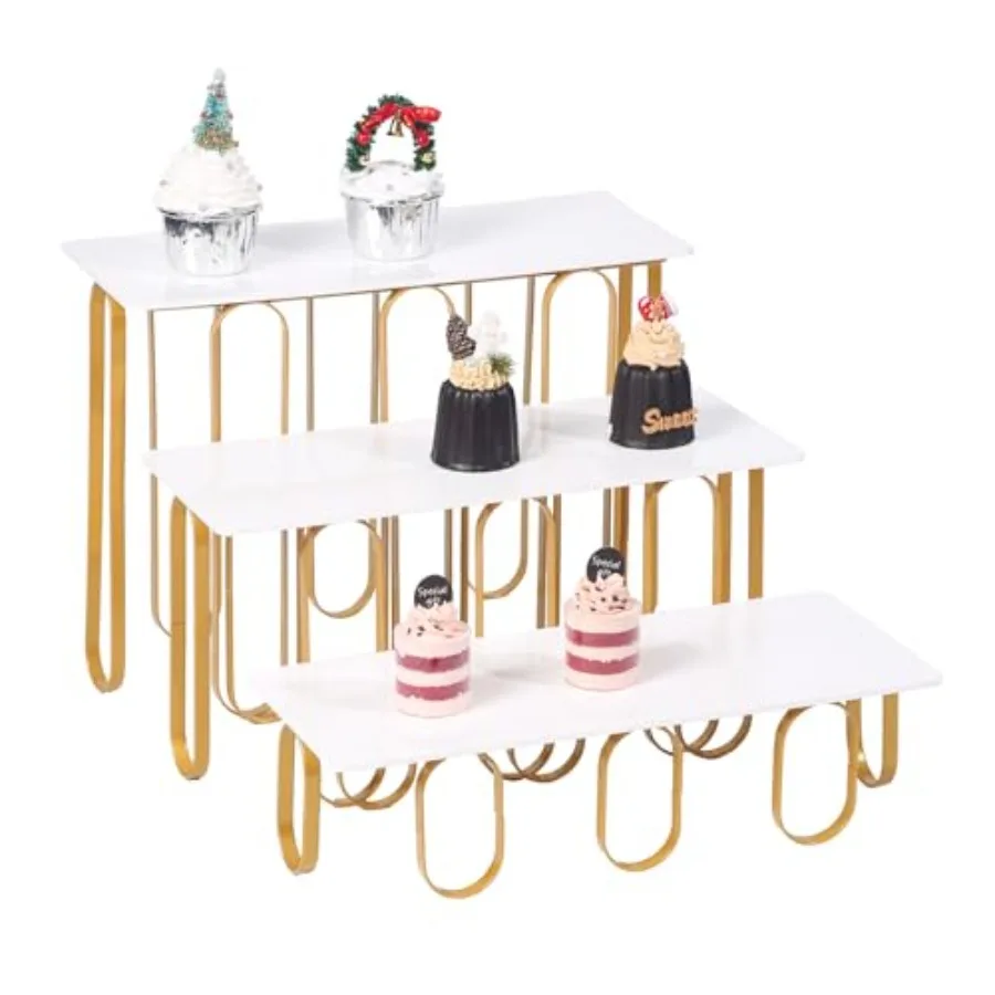 

15 in 3 Tier Serving Tray Stand, White Acrylic Trays with Gold Painted Iron Rack for Cupcakes, Appetizers, Fruit and Parties