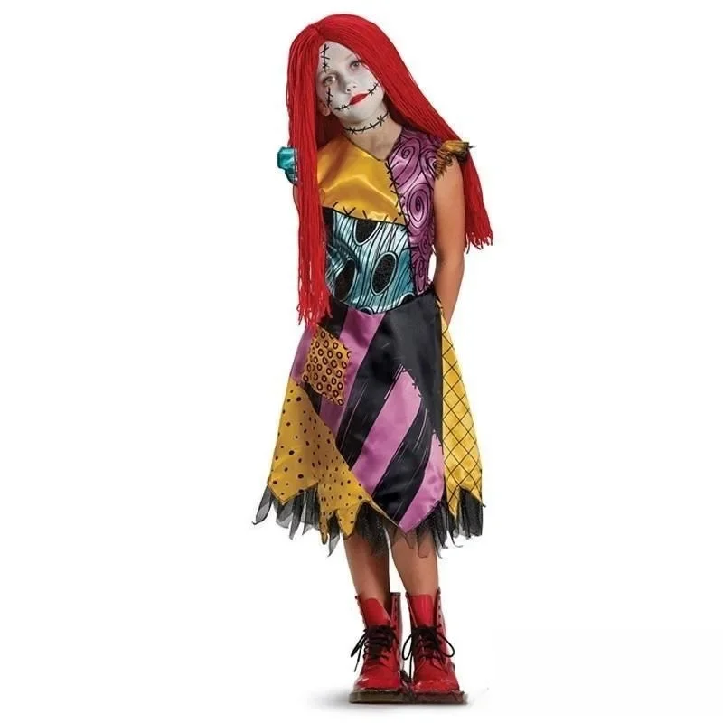 Kinder Patchwork Lumpenpuppe & Knochen-Geist Kostüm-Set Tüllkleid Overall Maske Halloween Karneval Cosplay Party Outfit – Detail 4