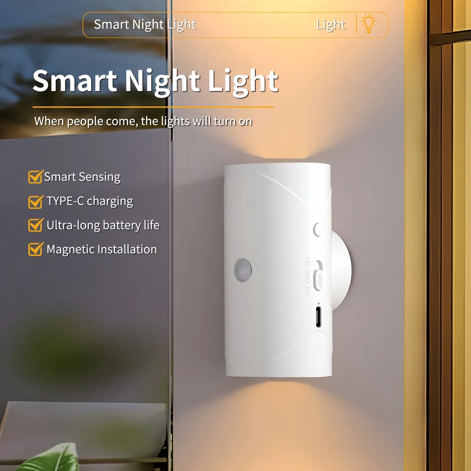 Rechargeable LED Night Light with Motion Sensor Wall Lamp 3 Light Modes Indoor Light Magnetic Staircase Light