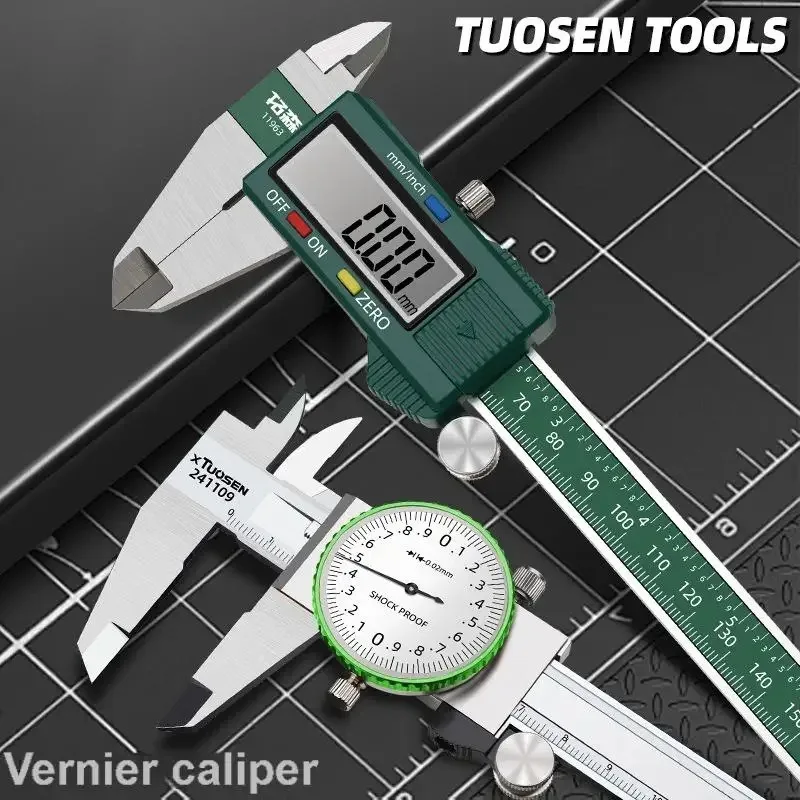 TUOSEN Industrial Shockproof Caliper, 0-150mm Stainless Steel with LCD & Dial Display, Inside/Outside/Depth Step Measurement