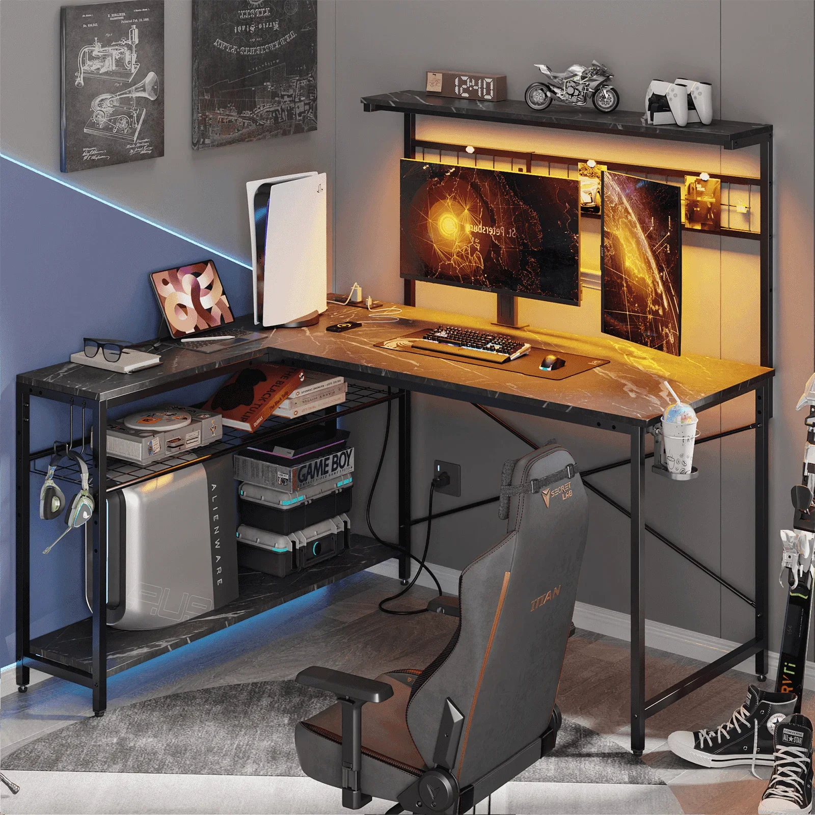 L-Shaped Reversible Gaming Desk with Power Outlet and 4 Tiers Shelves, Black Marble