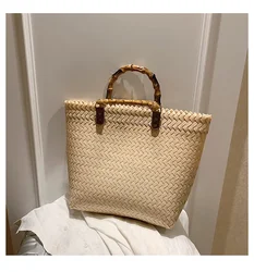 Borsa di paglia 2021 New Retro grande capacità cestino di verdure borsa tessuta borsa nodo di bambù borsa da spiaggia portatile Totes Bolsa De Playa