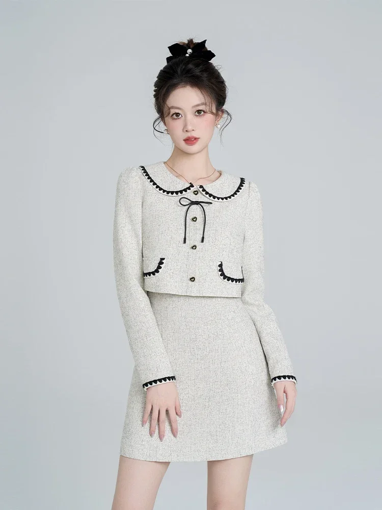 French Sweet Socialite Bow Doll Collar Long Sleeve Love Button High Waist Slim Fit A-line Fake 2 Piece Short Dress Women Autumn