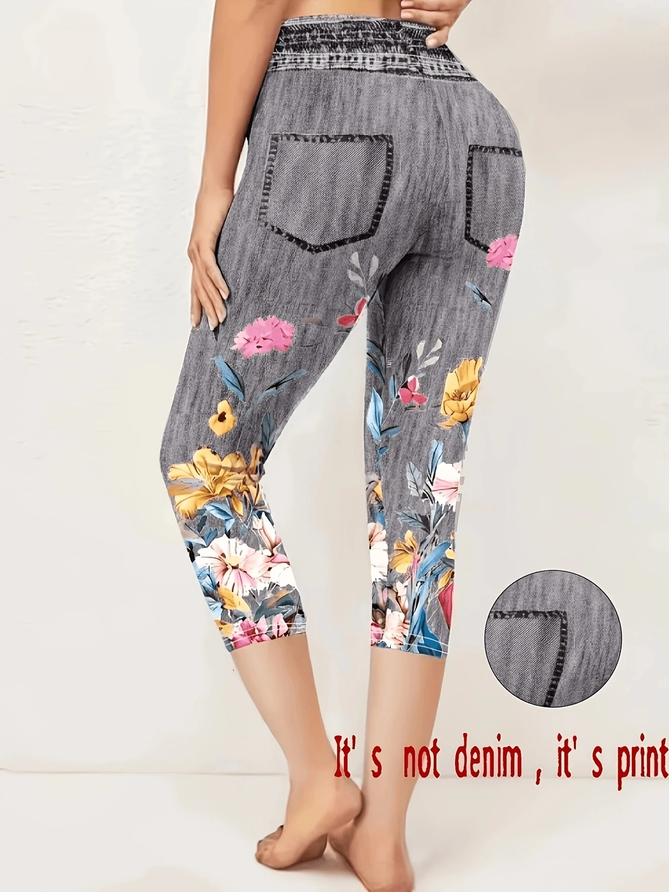 Damen-Capri-Leggings mit Blumenmuster, hochelastische, schmal geschnittene, kurze Hose aus Kunst-Denim, vielseitige, sportliche, lässige, schmal geschnittene Knöchelhose – Detail 2