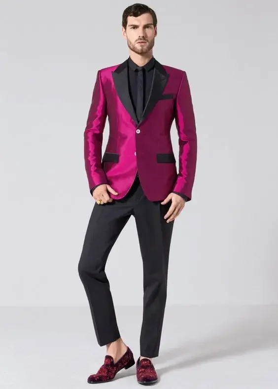 

Hot Pink Satin Men Suit Slim Fit 2 Piece Tuxedo Prom Blazer Sets Custom Groom Party Suits Terno Masculino Costume Mariage Homme