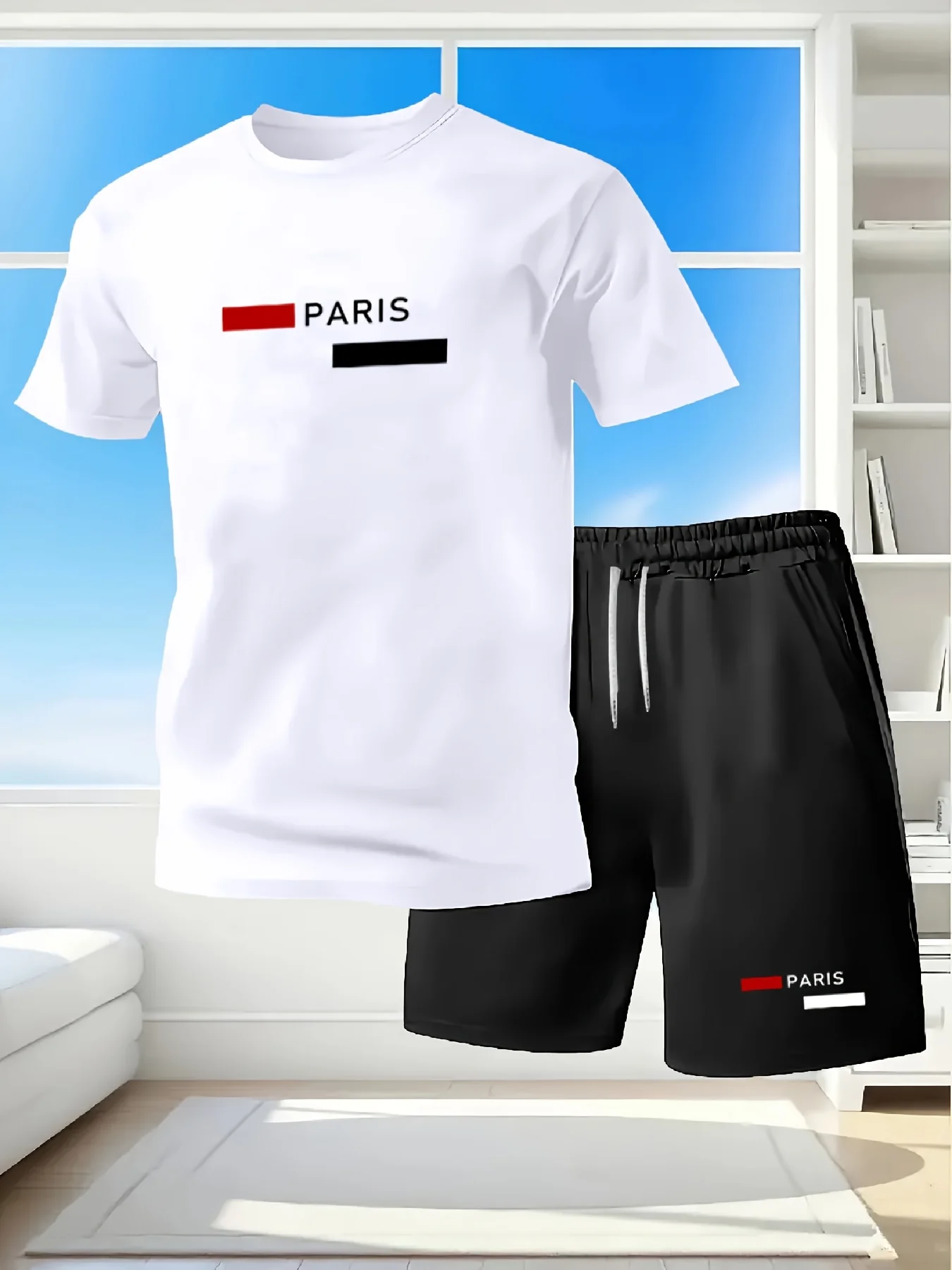 

The French minimalist "paris" contrasting colorstriped letter print T-shirt and thesamepattern black shortsarecomfortable towear