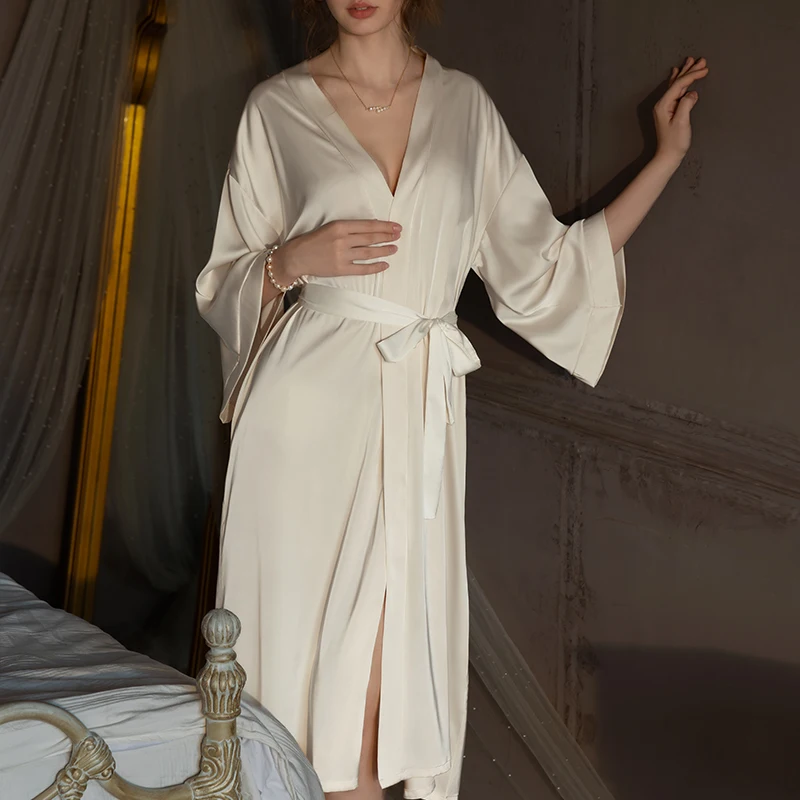 Winsleter-Women Sexy 3/4 Sleeve Night-robe, Solid Lace-up Bathrobe, Simplicity Bride Pajamas Robe, 2025 Spring Summer P4D921CC