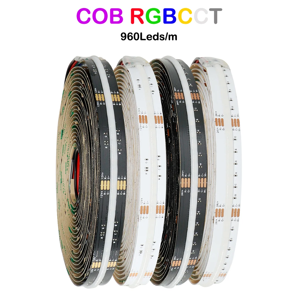 COB RGBCCT LED Strip Light 6Pin 12mm DC12V/24V 960LEDs/m RGB CW WW FOB Flexible COB Linear Lights High Density RA90 Dimmable 18W