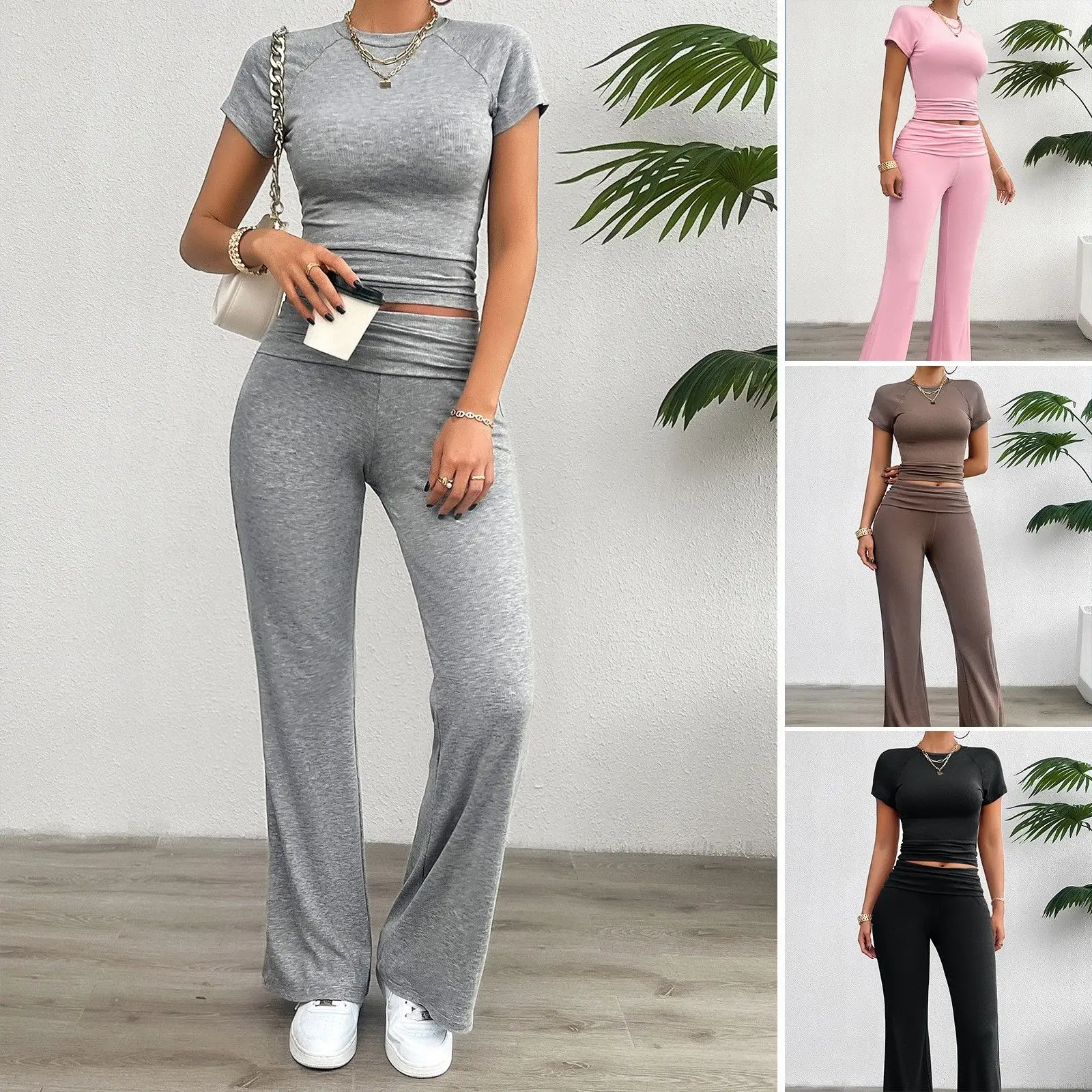 Casual Pure Color ort Sve Long Pants Set Women's Faion Summer Outfit Diyun Cross-Border Clothing 2024 Spring Summer