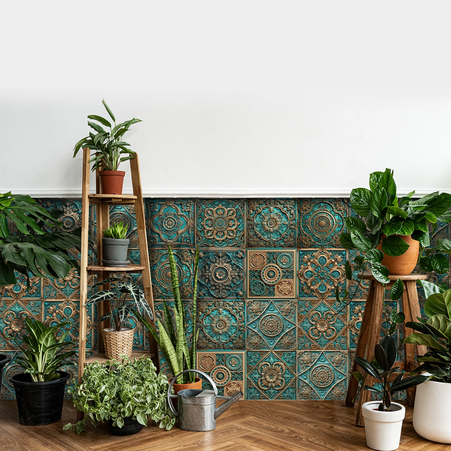 Conjunto de adesivos de parede de relevo vintage - decalques de arte floral turquesa bronze 3D para sala de estar, quarto, decoração de casa