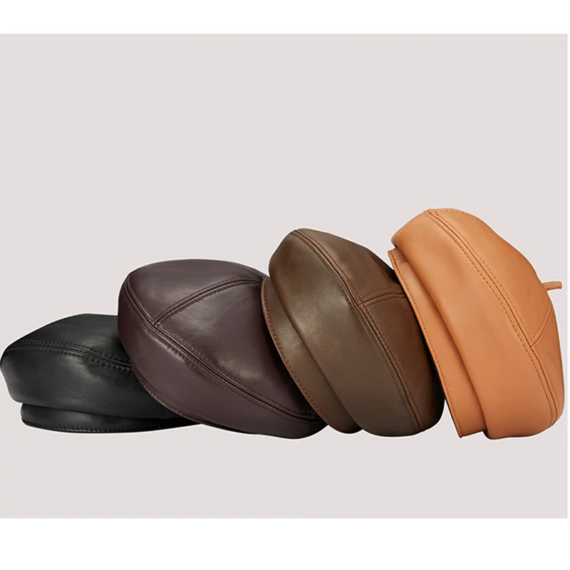 2023 Spring/Winter 100% Real Leather Beret Hat Women Fashion European Pumpkin Painter Caps Female Rainbow Color Brown/Orange