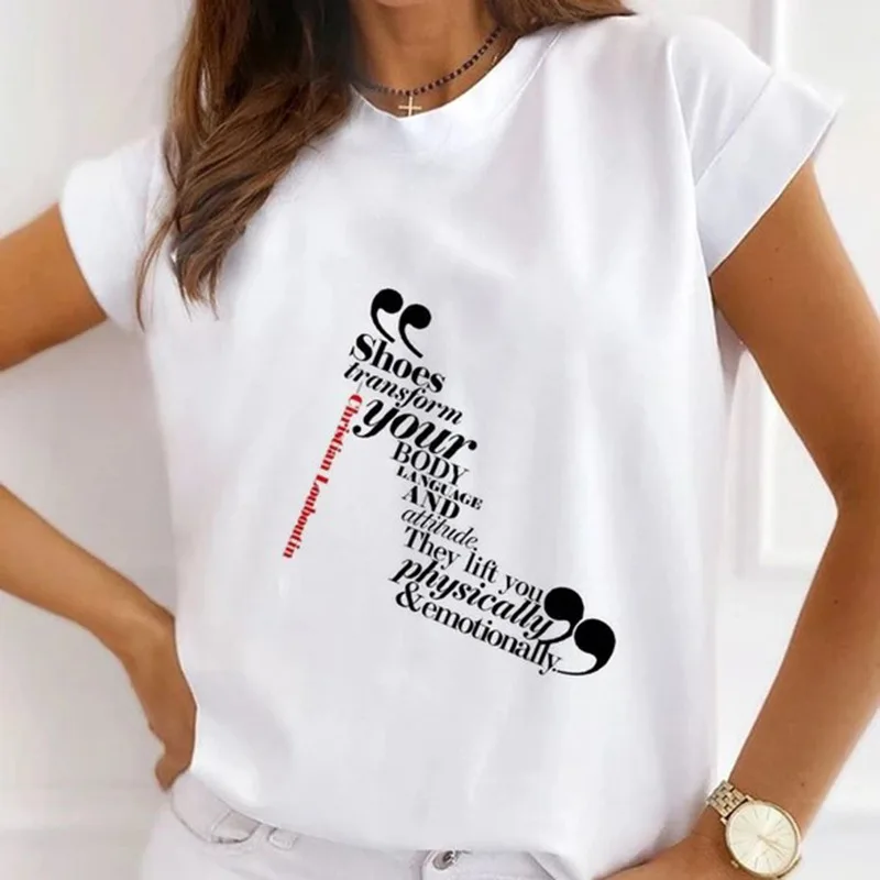 Paris Doodle Landmarks Women's Tee High Heel Letter Short Sleeve Crew Neck Tshirt Australia New York Heart Shape Graphic Tshirts