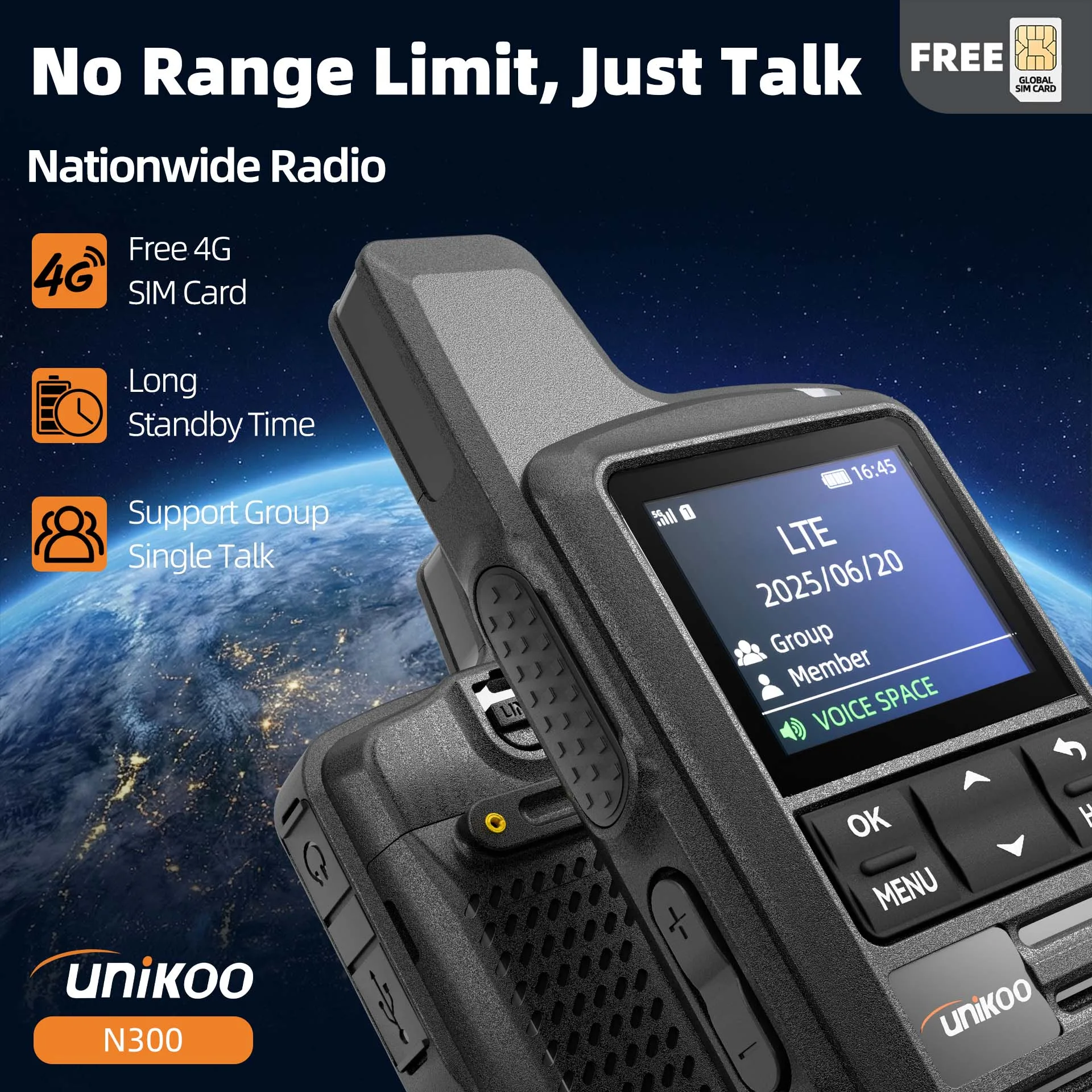 Unikoo N300 POC Walkie Talkie, Radio de Red con Tarjeta SIM 4G, Alcance Global de 5000 Kilómetros, Inalámbrico