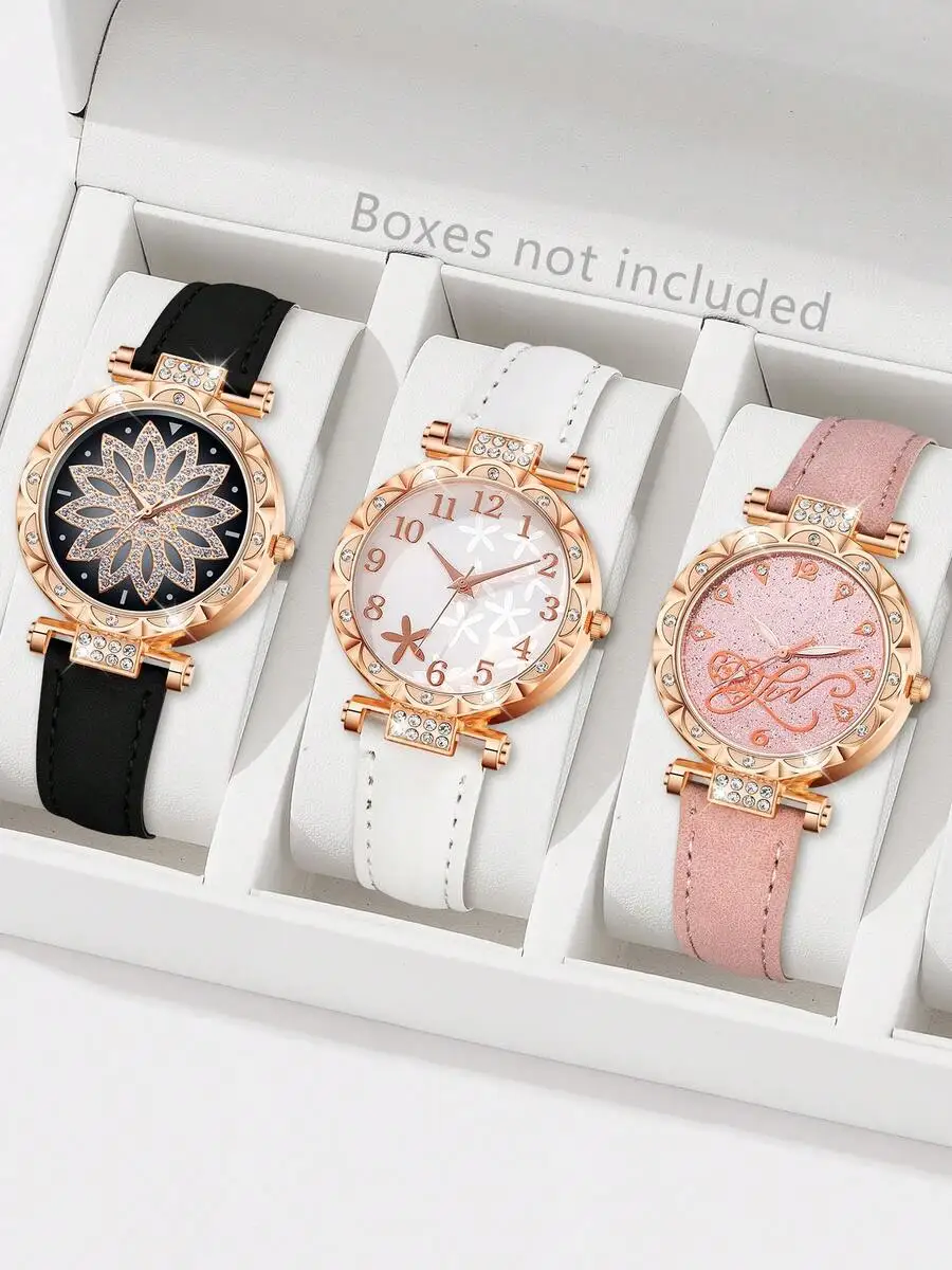 

3pcs Womens PU Leather Band Quartz Watch Set, Round Dial Fashion Watch For Daily Wear