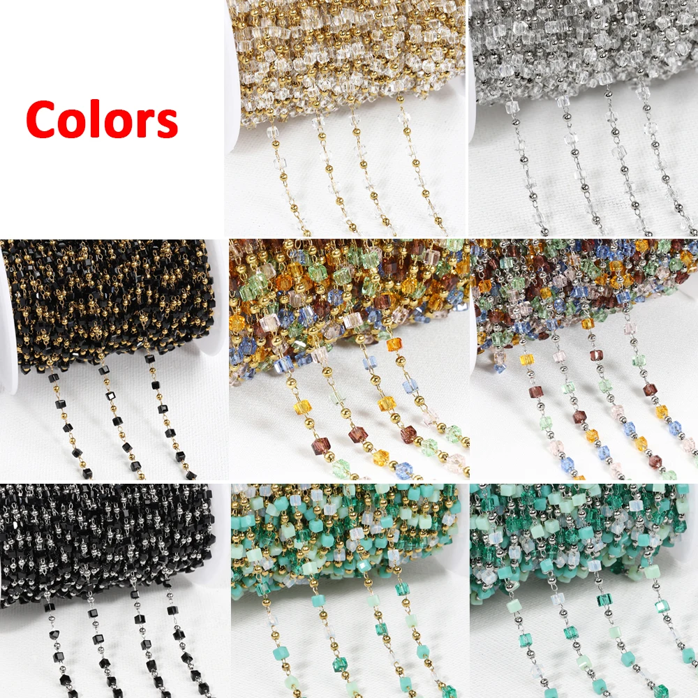 1Meter Stainless Steel Chain Bohemian Green Cube Square Crystal Beads Chain for Jewelry Making DIY Necklace Bracelets Supplies