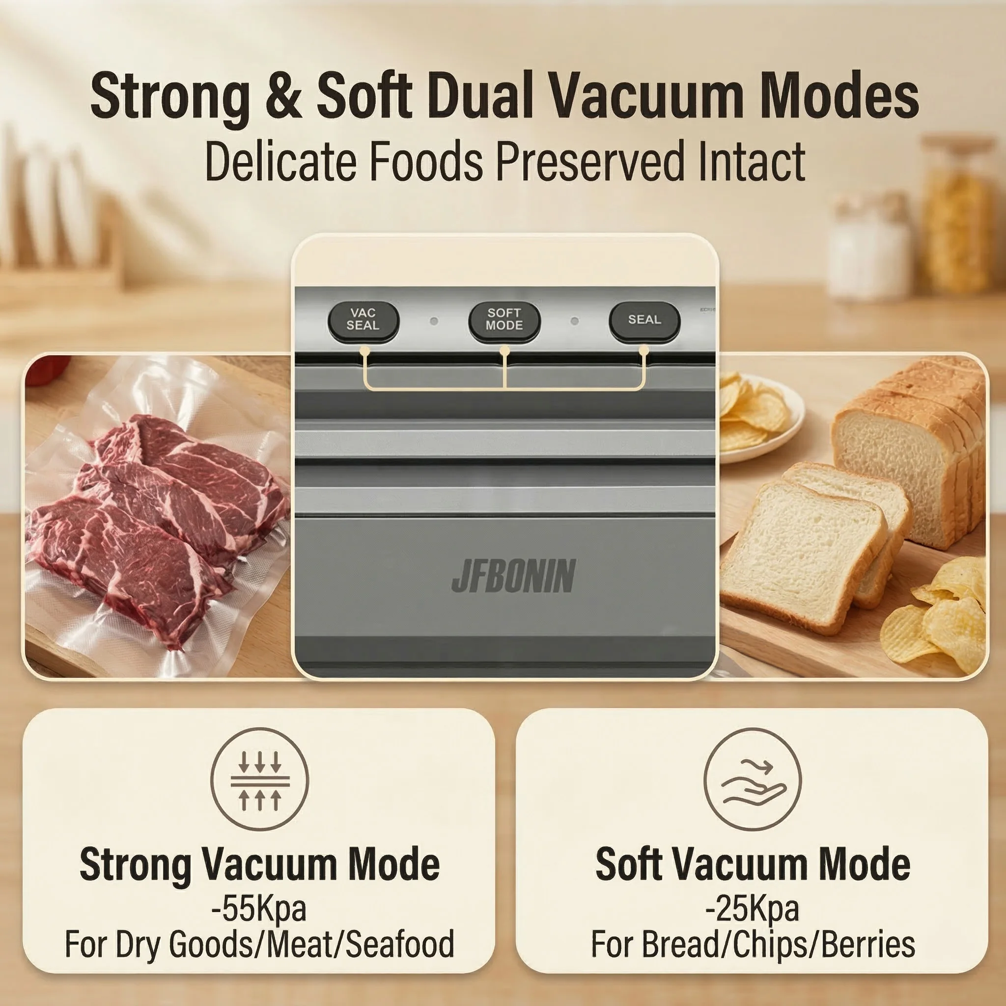JFBONIN Electric Vacuum Sealer Food Sealed Packaging Kitchen Food Storage Seal Built-in Cutter Knife -55KPa Powerful Suction