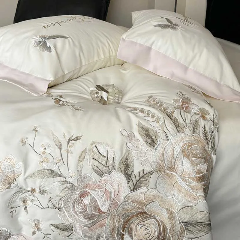 

Luxury Bedding Set, Chic Butterfly Flowers Embroidery, 100% Cotton, Princess Duvet Cover, Fitted Sheet, Bed Sheet, Pillowcases