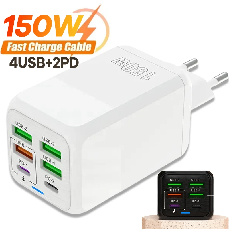 150W 6 Ports PD QC 3.0 USB C Quick Charge Super Fast Wall Charging Adaper For iPhone Samsung iPad Xiaomi Huawei OPPO Chargers