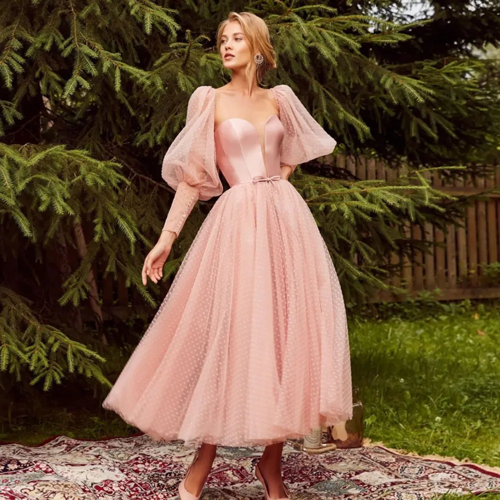 

FORMALS Pink Square Neck Prom Dress Long Bubble Sleeve A-line Midi Length Tulle Gown With Dots Custom Made Pretty Evening Dresse