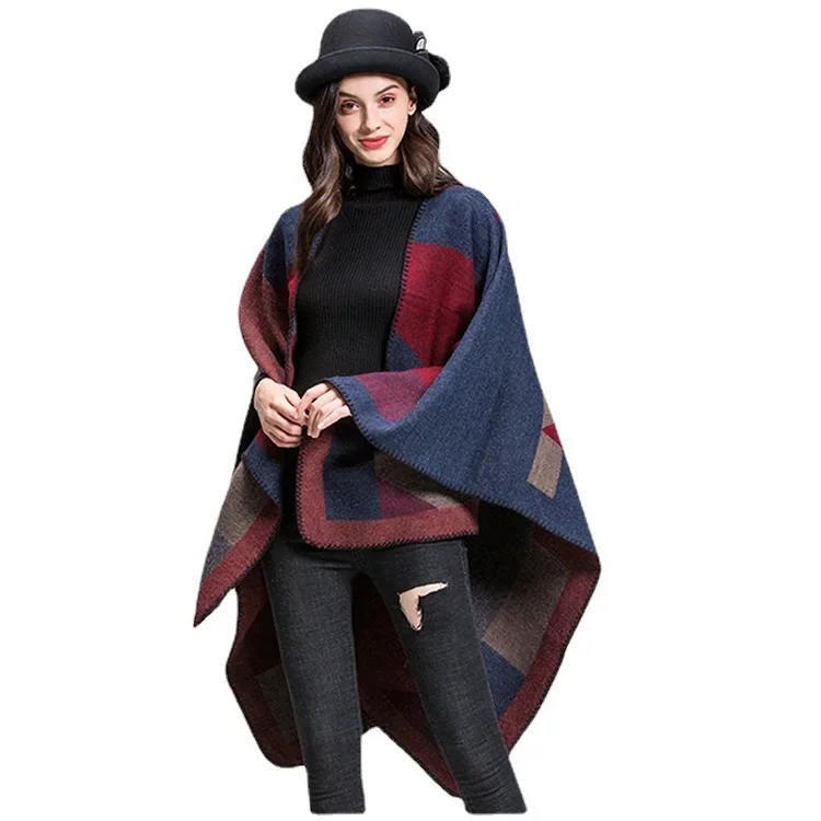 2024 neue Frühling und Herbst Frauen gestrickt Poncho lässig weibliche Patchwork Farbe elegante mittellange Cape modische Schal t215